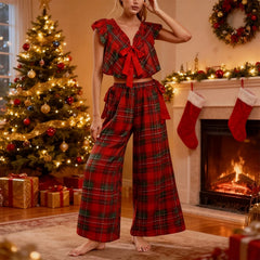 Red Boknot Gingham Babydoll Crop Top And Pants Pajama Set