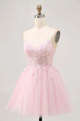 Pink Sequined Embroidered Spaghetti Strap Tulle Mini Dress