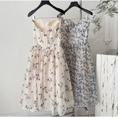 Strapless Floral Corset Fishbone Midi Dress