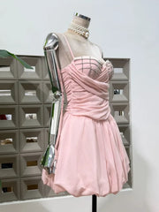 Spaghetti Strap Beaded Bust Ruched Waist Puff Hem Corset Mini Dress