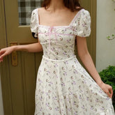 White Floral Print Puff Sleeve Square Neck A-line Mini Dress