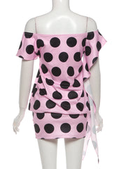 Pink Polka Dot Short Sleeve Tassel Mini Dress