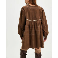 Bow Tie Long Puff Sleeve Embroidered Babydoll Mini Dress