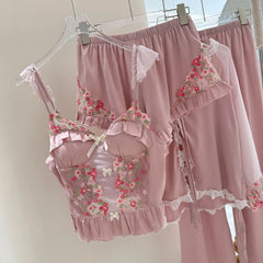 Pink Lace Embroidery 4 Piece Pajama Set