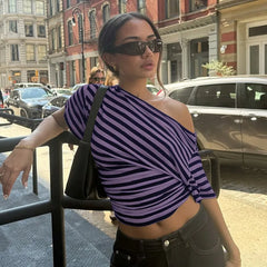 Diagonal Collar Striped T-shirt