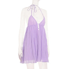Purple Chiffon Deep V Neck A-line Mini Dress