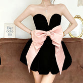 Black Strapless Puffy Dress Bow Decoration Mini Dress