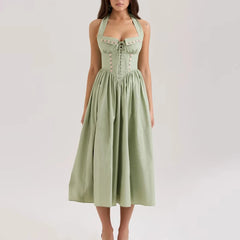 Green Embroidered Halter Midi Dress - A-Line Fit