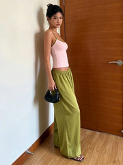 Pink Colour-Blocking Cami Top And Green Elastic Waist Pants Set