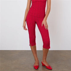 Plaid Ruched Capri Pants