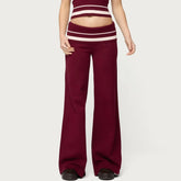 Burgundy Low Rise Knit Flare Pants With Contrast Striped Foldover Waistband