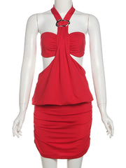 High Neck Bandeau Cut Out Puff Mini Dress