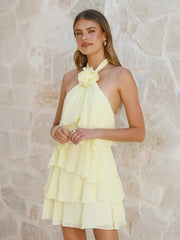 3D Flowers Ruffled Halter Tiered Mini Dress