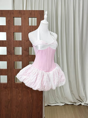 Pink Halter Neck Belted Strap Puff Hem Corset Mini Dress