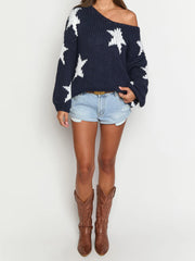 Star Pattern Blue Off Shoulder Sweater