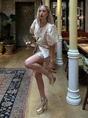 Puffy Sleeve Stain Tie Up Shirt