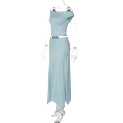 Solid Off-Shoulder Crop Top High Waist Midi Skirt Set