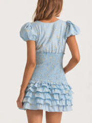 Blue Smocked Floral Printed Short Sleeve Mini Dress