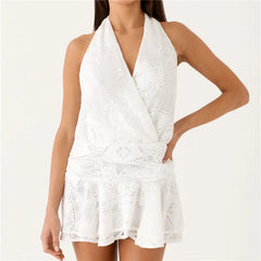 White Lace Halter Backless Tie Mini Dress