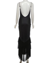 Black Rose Satin Print Spaghetti Strap Tassel Hem Maxi Dress
