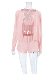 Ribbed Ruffle Bralette Short Cardigan And Shorts Pj Set