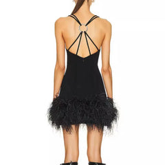 Black Fur Trim Strappy Desgin Mini Dress