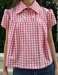 Peter Pan Collar Gingham Puff Short Sleeve Top