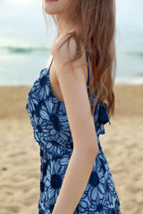 Blue Floral Embroidery Midi Dress