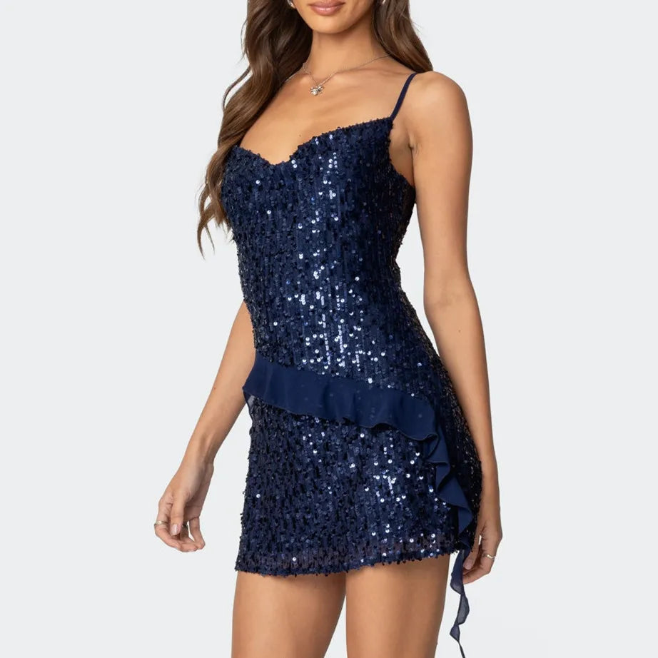 Navy sequin dress with ruffled hem