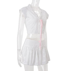 White Lace Bowknot Top And Mini Skirt Set