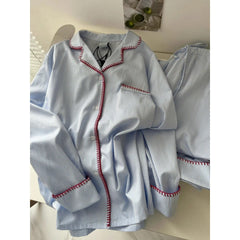 Blue Stripe Contrast Trim Pajama Set