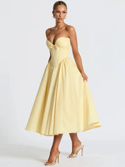 Yellow Strapless A-line Bow Gown Midi Dress