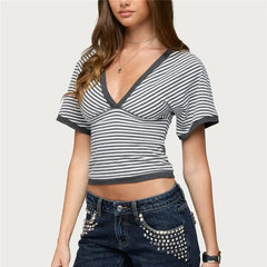 V-Neck Striped Crop T-Shirt