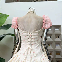 Floral Print Corset Square Neck Puff Sleeve Ruffle Hem Mini Dress