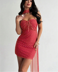 Red Dotted Tie Up Strapless Mini Dress With Scarf