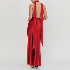 Red halter neck dress with open back - back view