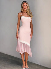 Pink Sleeveless Lace Patchwork Ruched Hem Midi Dress