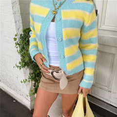 Fuzzy Mohair Striped Round Neck Button Crop Cardigan