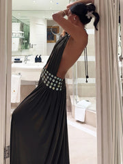Halter Open Back Slit Button Applique Strap Maxi Dress