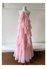 Pink Layered Ruffled 3d Rose Maxi Dress