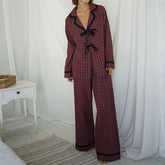 Gingham Bow Tie Long Sleeve Shirt And Pants Pajama Sets