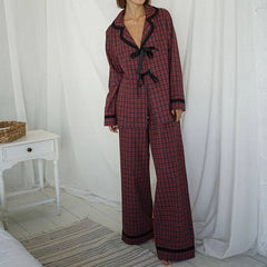 Gingham Bow Tie Long Sleeve Shirt And Pants Pajama Sets