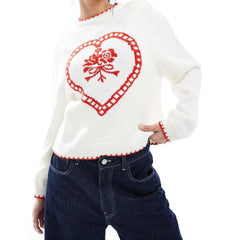 White Knit Flower Heart Sweater