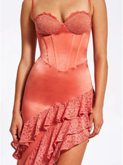 Corset Irregular Ruffle Hem Spaghetti Straps Satin Midi Dress
