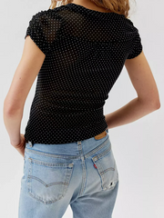 Polka Dot Mesh Button Down Blouse
