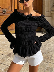 Black Smocked Slash Neck Long Sleeve Top