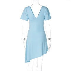 Blue Deep V-Neck Short Sleeve Asymmetrical Hem Midi Dress
