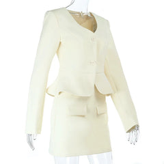 Yellow Solid Crop Blazer And Mini Skirt Set
