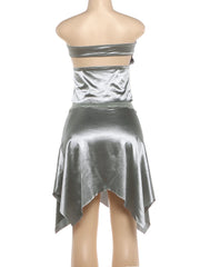 Silver Satin Tube Top And Irregular Hem Midi Skirt Set