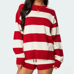 Knit Striped Long Sleeve Pullover And Drawstring Waist Shorts Set